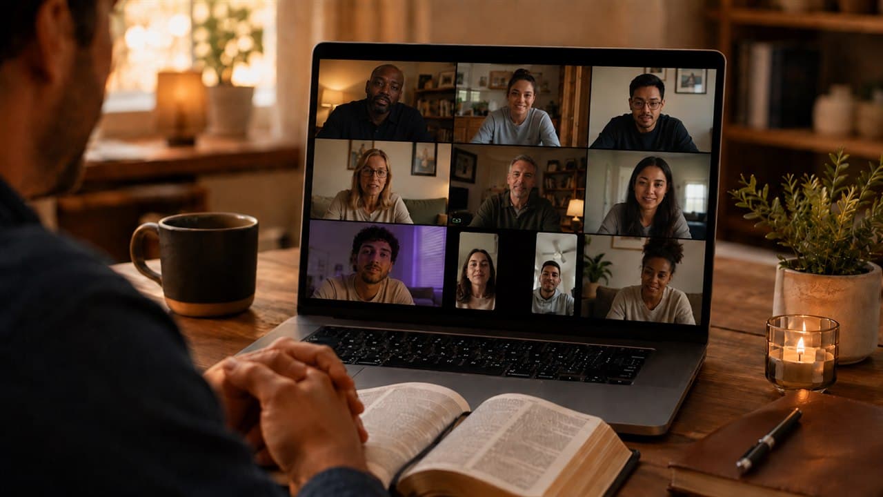 Members of a Fellowship Room group session together on a video call